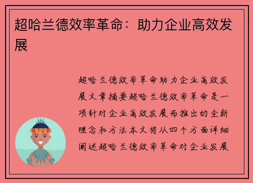 超哈兰德效率革命：助力企业高效发展